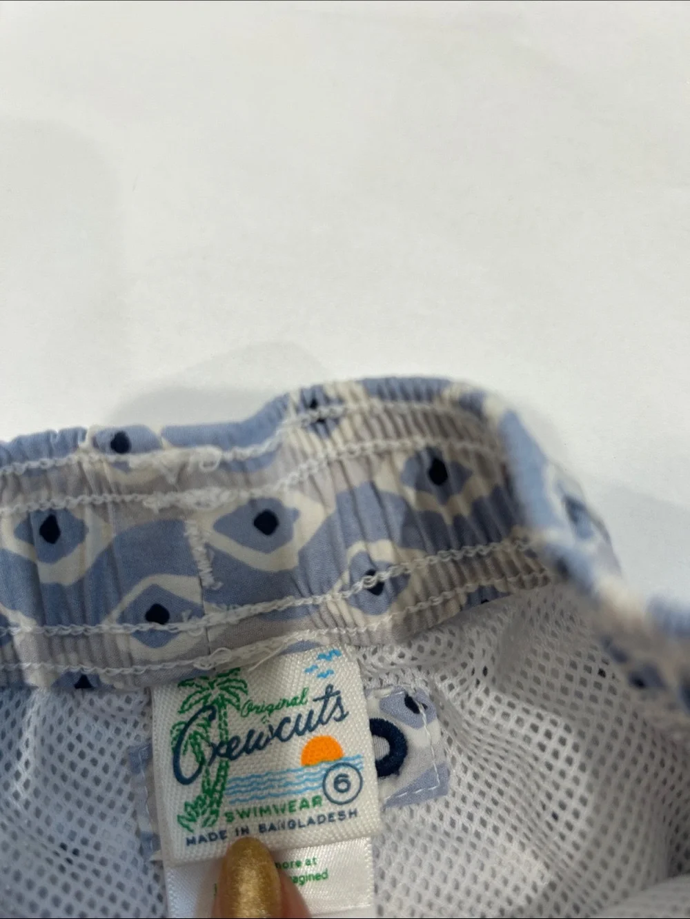 Crewcuts Boys Light Blue Geometric Swim Trunks small size 6 bathing suit